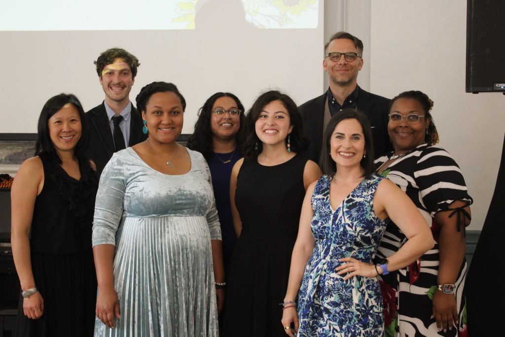 CSC staff group photo. Pictured is Kelly Milo, Joseph DiSalvo, Jasmine Blanks Jones, Julie Rivera, Sierra Romero, Whit Johnson, Luisa De Guzman, and Rosalie Gamble